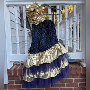 Vintage 1980's Size 04 Loralie Gold Lame Navy Blue Party Prom Dress Formal